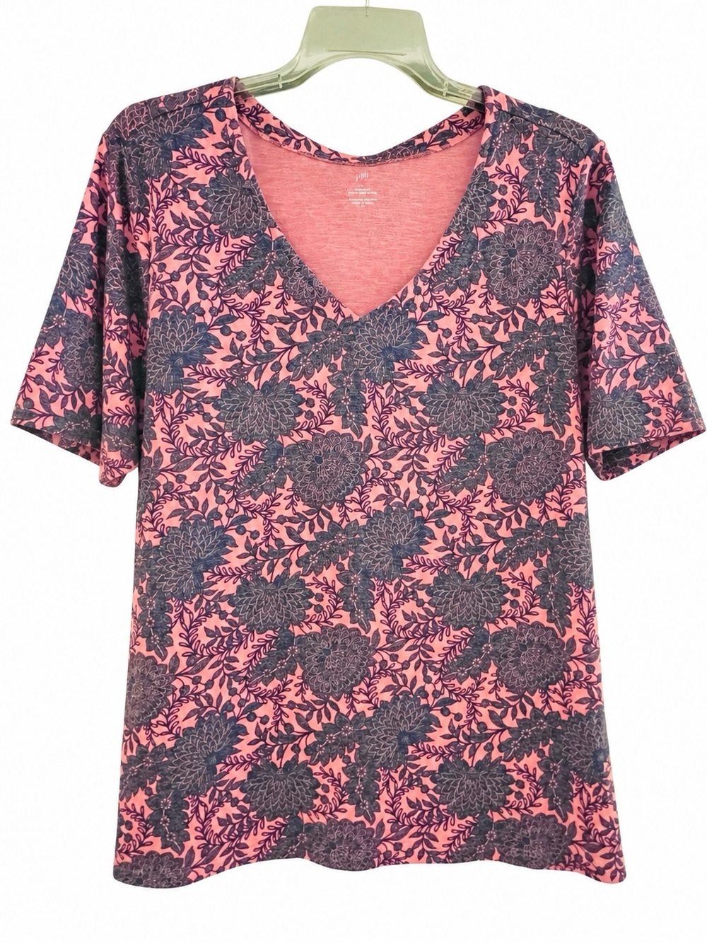 Women’s J.Jill Pink and Blue Floral Pima Cotton V-Neck Tee Plus Size 3X